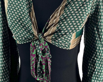 S/M Joy Bell Sleeve Crop Top, Sari Summer Wrap, Handmade Silky, Light Hippy Style (SKU:570-10307)