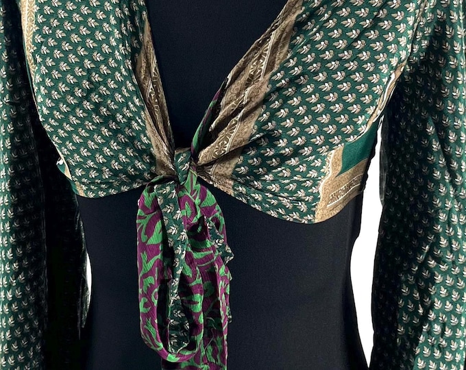 Joy Bell Sleeve Crop Top, Sari Summer Wrap, Handmade Silky, Light Hippy Style UK-S/M  (SKU:570-10307)