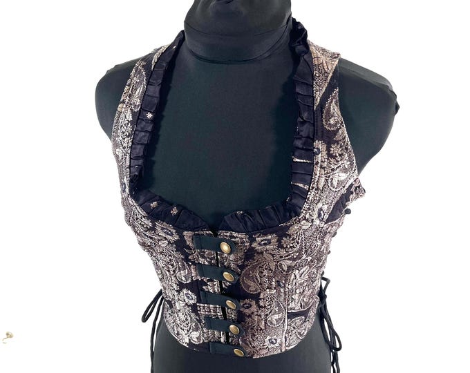 S. Mia Waistcoat; Boho Top - Black & Silver - Vintage Silk Brocade  (SKU:2141-9651)