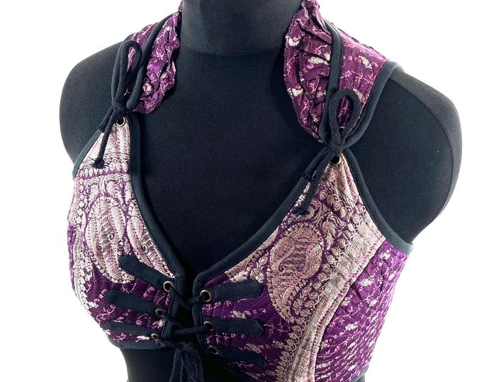 L. Fae Corset Top - Purple & Silver Bra Top - Vintage Silk Brocade  (SKU:3033-9764)