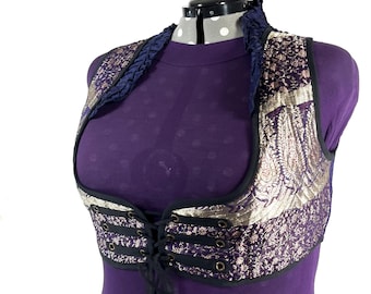 Underbust Corset Top; Ivy 6XL silver & blue steampunk vest handmade in Vintage Silk Brocade (SKU:2179-10181)