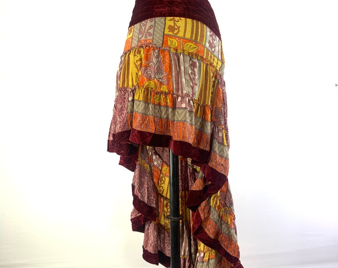 XL Steampunk Skirt, Layla High Low style with One Size Plus Waist in Silk & Velvet Edged Skirt. Fits up to 50" (127cm) Boho SKU:734-5559