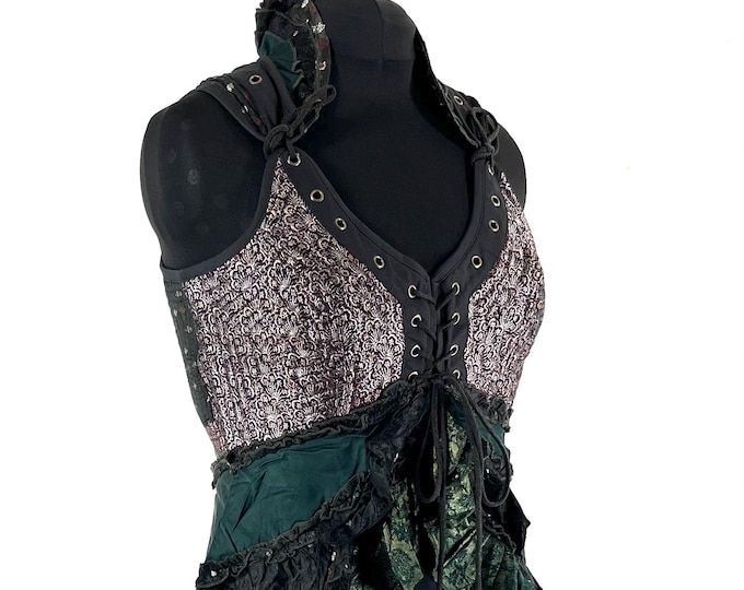 2XL. Sophia Corset Dress with Hi-Low tiered skirt handmade in Vintage Silk Brocade. Steampunk Ren Faire  SKU:2000-8767