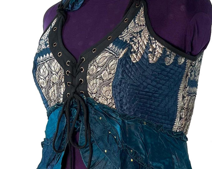 5XL. Sophia Corset Dress with Hi-Low tiered skirt in Silk brocade. Handmade Renaissance Festival Steampunk Unique SKU:2000-8480