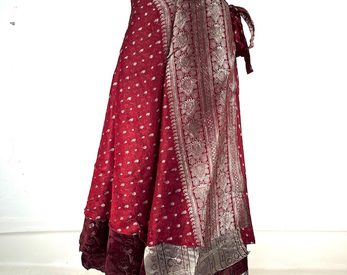 Pemberin Midi Wrap Skirt in Upcycled Heavy Vintage Silk Brocade Sari. (Two Layer A-Line Wrap Skirt)  SKU:2034-8447