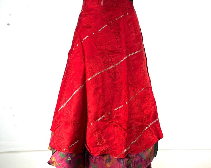 Pemberin Midi Wrap Skirt in Upcycled Heavy Vintage Silk Brocade Sari. (Two Layer A-Line Wrap Skirt)  SKU:2034-8445