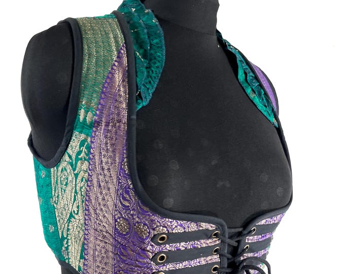 Underbust Corset Top; Ivy 3XL green & purple steampunk vest handmade in Vintage Silk Brocade (SKU:2176-10159)