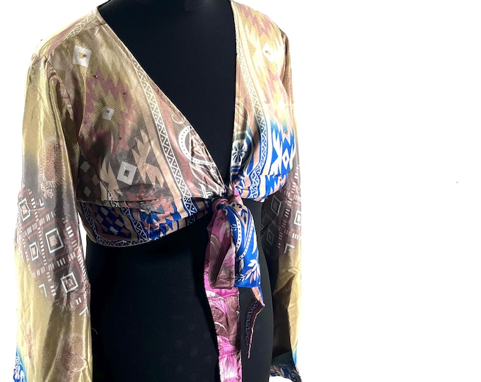Joy Bell Sleeve Crop Top, Sari Summer Wrap, Handmade Silky, Light Hippy Style UK-L/XL (SKU:572-10329)