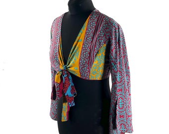 M/L Joy Bell Sleeve Crop Top; Silky Sari Summer Wrap Top (571-10288)