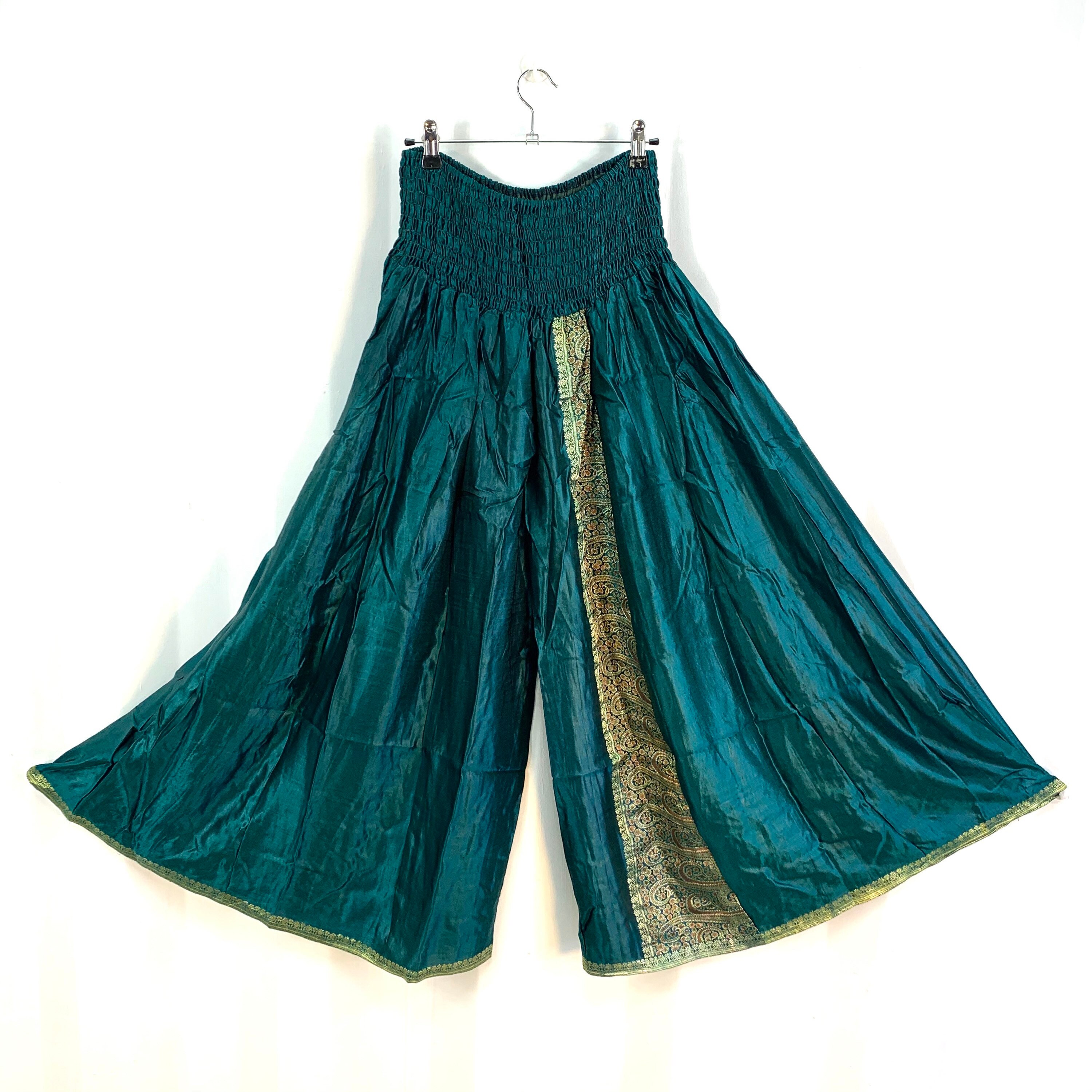 Image of Culottes Xl, Silk Brocade, One Size Plus in Green & Yellow, Palazzo Pants, Wide Leg, Elasticated Waist