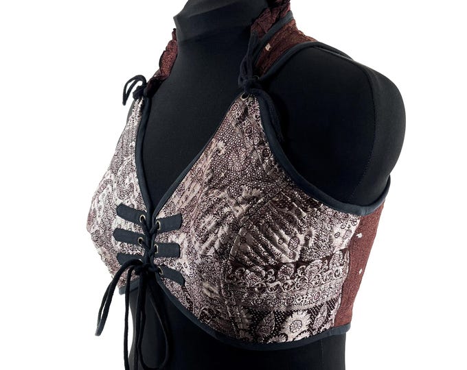 3XL. Fae Corset Top - Brown & Silver Bra Top - Vintage Silk Brocade  (SKU:3036-9791)
