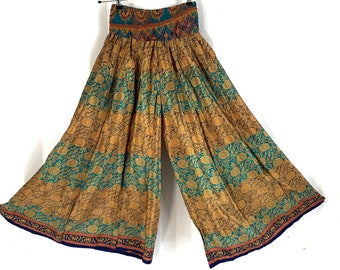 XL Delilah Culottes in Summer Silk with Plus Size Elasticated Waist, great for a fuller figure. (Wide Leg Palazzo Pants) in Beige & Green