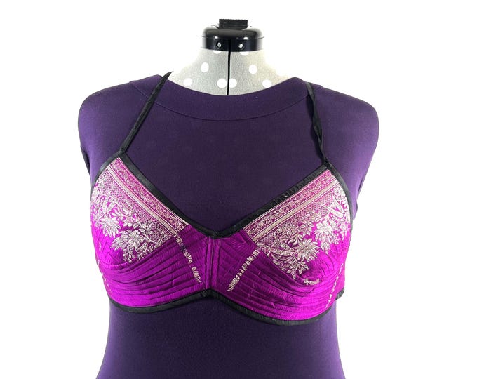 XL Gia Cross Strap Bra Top, Handmade in Vintage Silk Brocade (SKU:2164-10018)