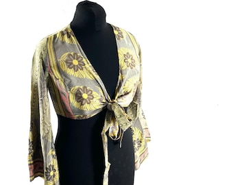 S/M Joy Bell Sleeve Crop Top, Sari Summer Wrap, Handmade Silky, Light Hippy Style (SKU:570-10301)