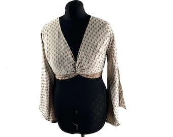M/L Joy Bell Sleeve Crop Top; Silky Sari Summer Wrap Top (571-10281)