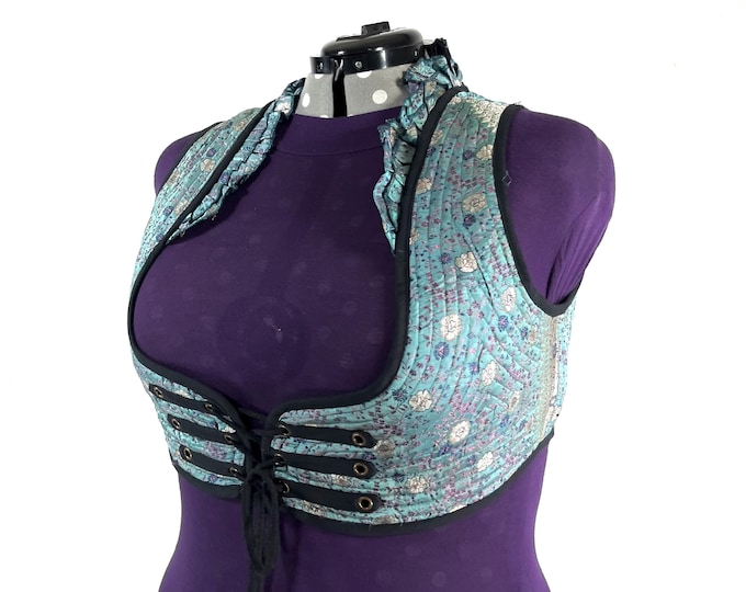 Underbust Corset Top; Ivy 6XL blue & silver steampunk vest handmade in Vintage Silk Brocade (SKU:2179-10185)