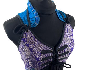 M. Fae Corset Top - Purple & Silver Bra Top - Vintage Silk Brocade  (SKU:3032-9744)