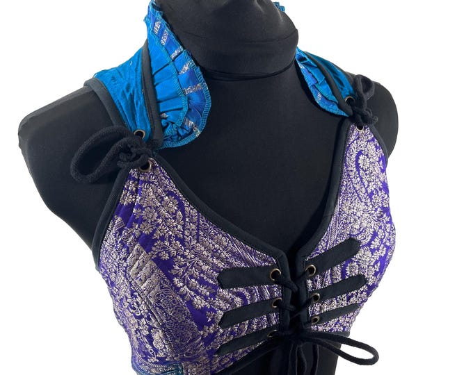 M. Fae Corset Top - Purple & Silver Bra Top - Vintage Silk Brocade  (SKU:3032-9744)