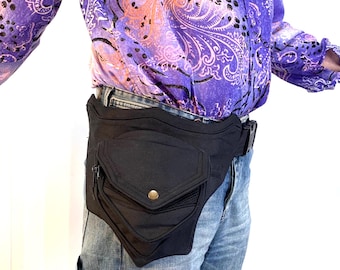 Fanny pack Bum bag Money belt- Cotton Clamshell Tough Bumbag - Black 3 zipped pockets