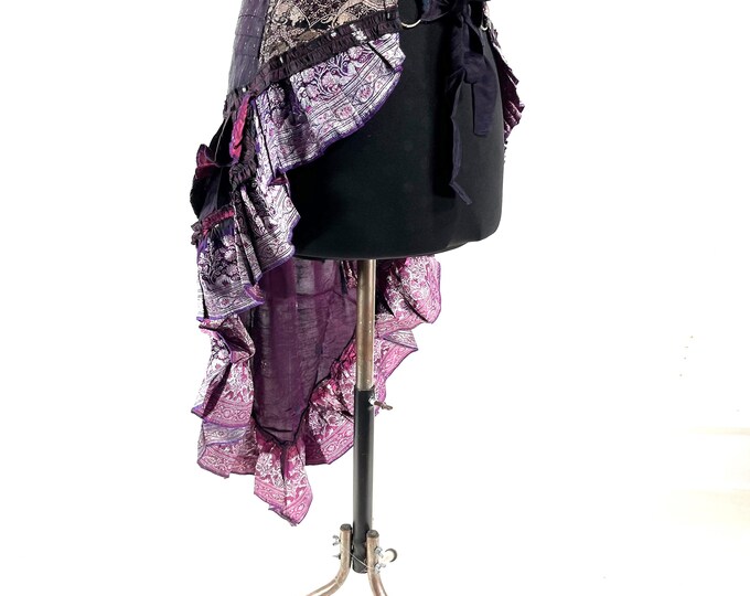 Bustle Wrap Over Skirt Vintage Silk Brocade, Luna M/L; Tribal Belly Dance mini skirt, Steampunk Festival Cosplay Tail Skirt SKU:221-7131