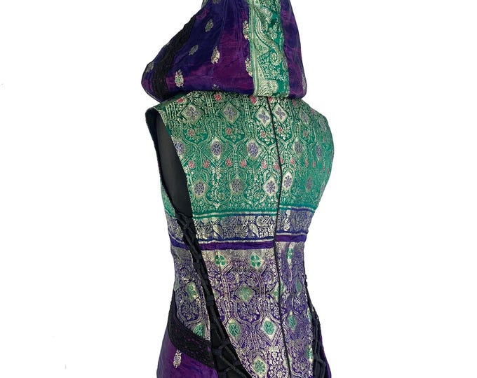 S/M. Pixie Hooded Jacket, Silk brocade. Pagan, Celtic, Gothic, Elven, Festival, LARP, R.E.N., Cosplay SKU:1050-5179