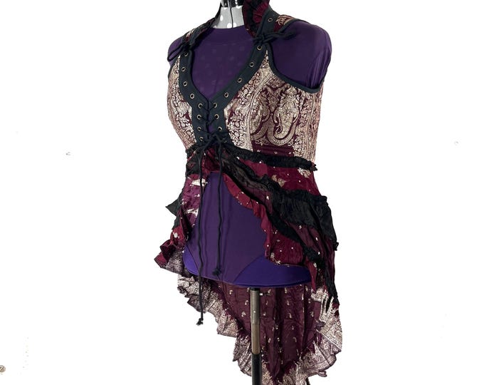 4XL. Sophia Corset Dress with Hi-Low tiered skirt in Silk brocade. Handmade Renaissance Festival Steampunk SKU:2000-8583