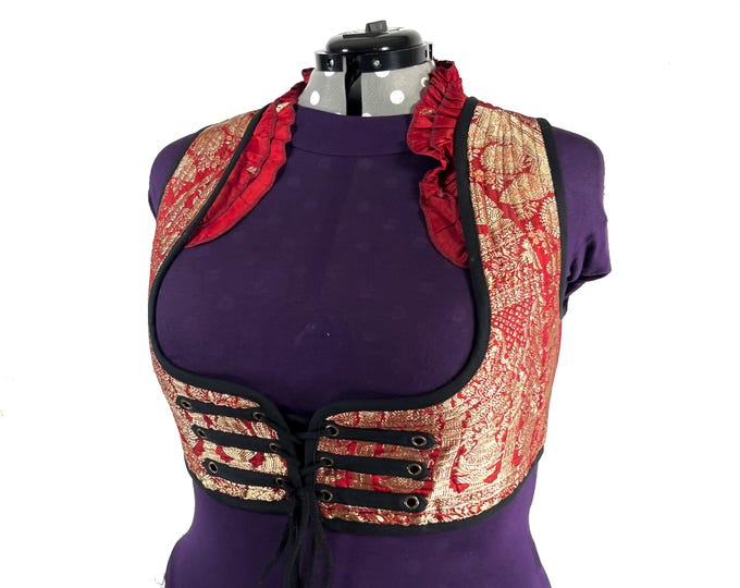 Underbust Corset Top; Ivy 5XL red & gold steampunk vest handmade in Vintage Silk Brocade (SKU:2178-10179)