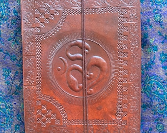 Om symbol Embossed on Leather Journal. Perfect for notebook, Photos Drawings or Cuttings. A perfect  gift.