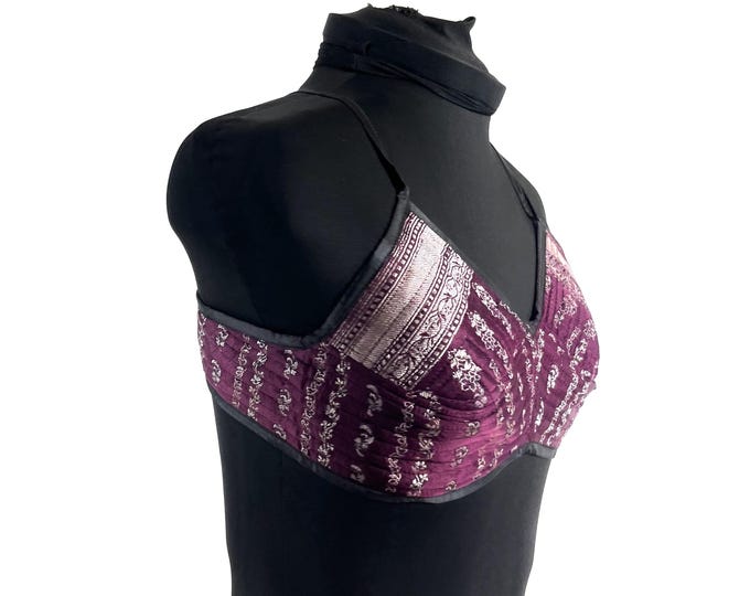 S Gia Cross Strap Bra Top, Handmade in Vintage Silk Brocade (SKU:2161-10071)