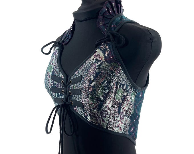 M. Fae Corset Top - Blue & Silver Bra Top - Vintage Silk Brocade  (SKU:3032-9746)