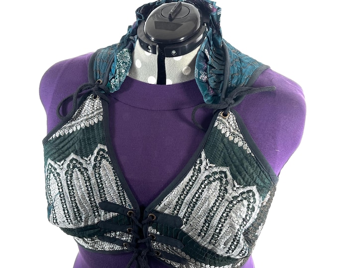 7XL Fae Corset Top - Green & Silver Bra Top - Vintage Silk Brocade  (SKU:3039B-9831)