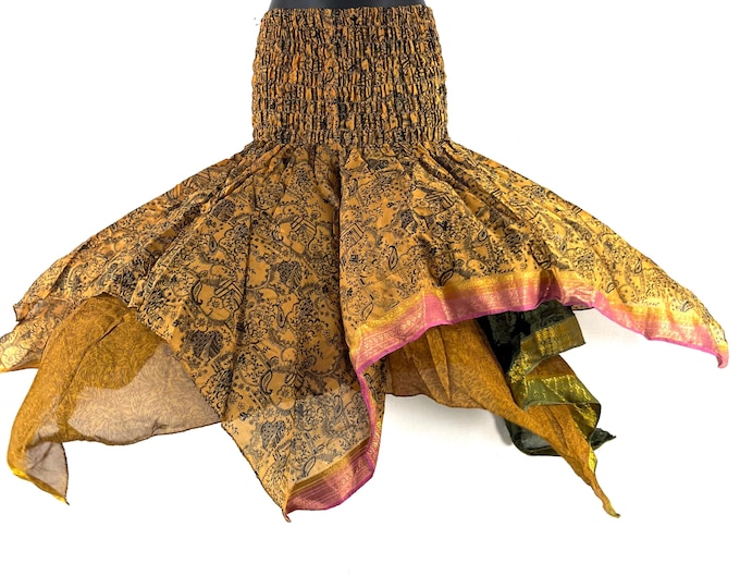 Nina Fairy Skirt One size in Silk (Length 32") a summer silk handmade handkerchief skirt swirly SKU:899-10447