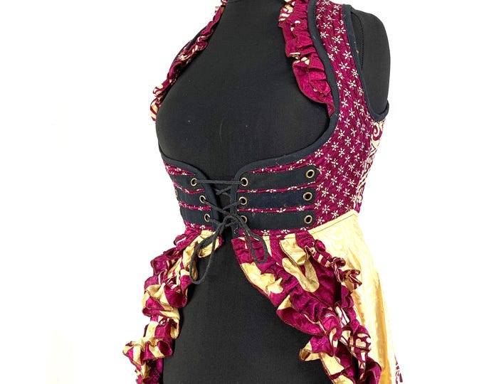 M. Bustier Celeste Underbust Corset Dress with adj tail length in Silk. Steampunk, LARP, Fairy, Renaissance. Cream & Plum