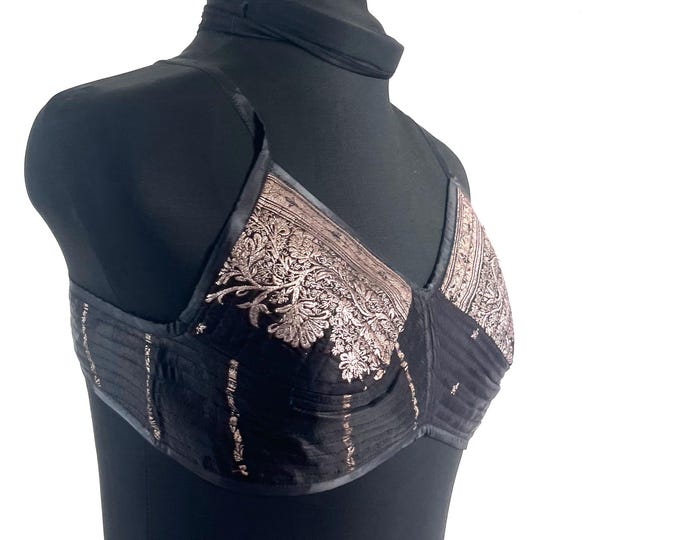 M Gia Cross Strap Bra Top, Handmade in Vintage Silk Brocade (SKU:2162-10042)