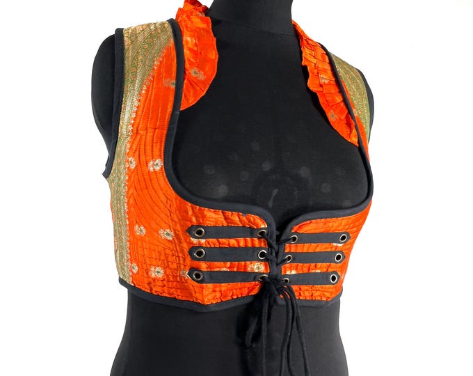 Underbust Corset Top; Ivy 2XL orange & gold steampunk vest handmade in Vintage Silk Brocade (SKU:2175-10144)