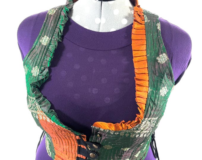 4XL. Mia Waistcoat; Boho Top - Green & Orange - Vintage Silk Brocade  (SKU:2147-9725)