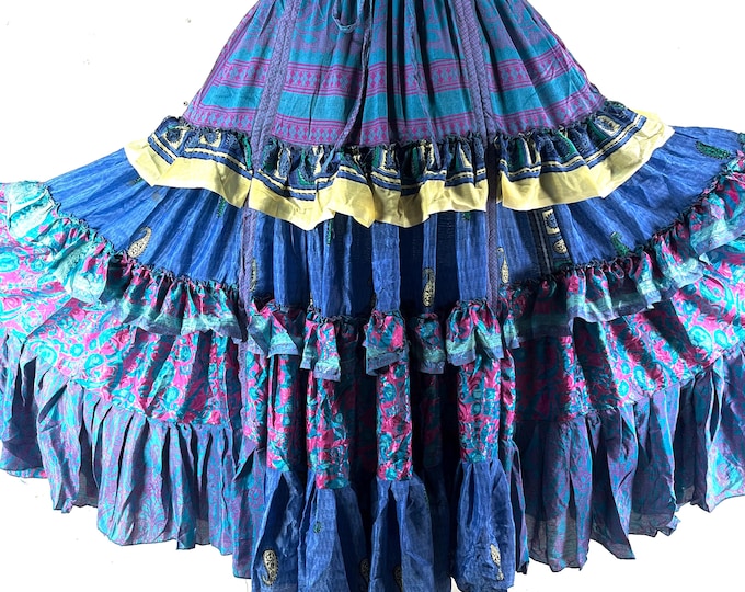 Jazmyn XL 25 Yard Skirt handmade in Vintage Summer Silk, Maxi Plus Size; (30"-60" Waist) a Boho Cottagecore skirt  SKU:737-9114