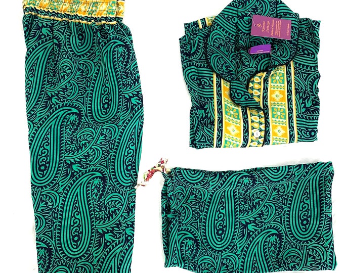 M. Luxury Silk Sari Pyjama Set with matching gift bag. Quality Handmade Nightwear.