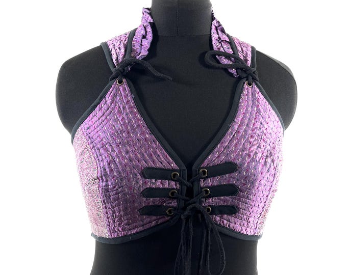 XL. Fae Corset Top - Pink & Silver Bra Top - Vintage Silk Brocade  (SKU:3034-9771)