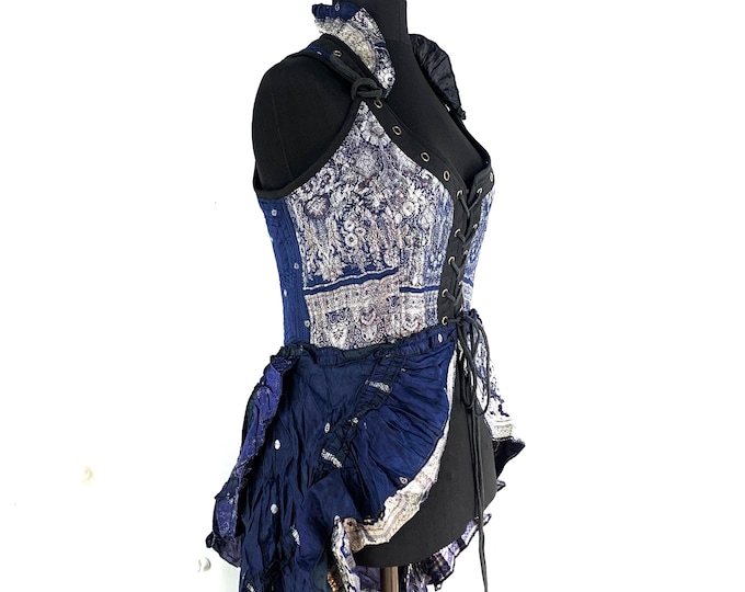 L. Varuna Corset Dress in Silk Brocade with long body; Larp Renaissance Corset Dress.  SKU:2002-1778