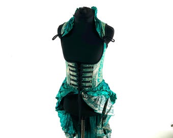 S Elisa Bustier Dress; Steampunk Under-bust Long Body Corset in Silk Brocade, (SKU:2004-10258)