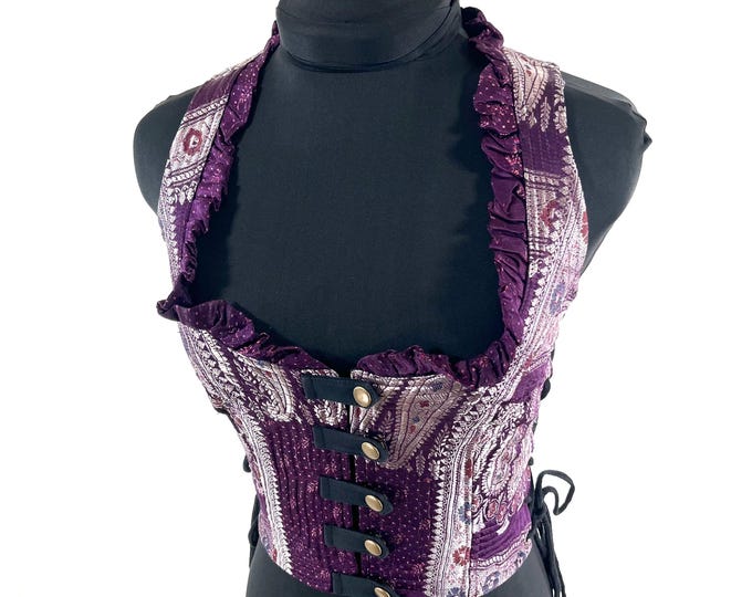 S. Mia Waistcoat; Boho Top - Dark Pink & Silver - Vintage Silk Brocade  (SKU:2141-9650)