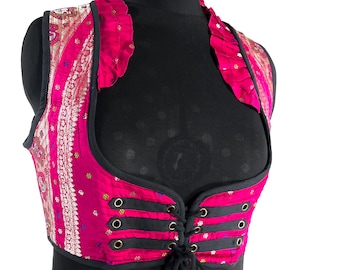 Underbust Corset Top; Ivy 2XL pink & silver steampunk vest handmade in Vintage Silk Brocade (SKU:2175-10147)