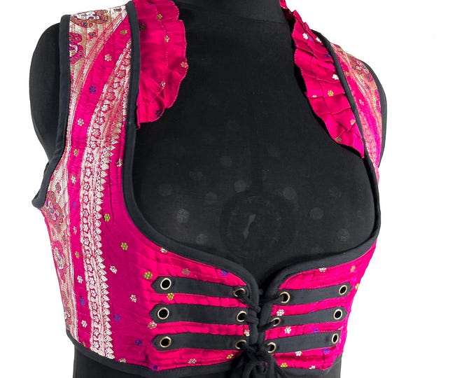 Underbust Corset Top; Ivy 2XL pink & silver steampunk vest handmade in Vintage Silk Brocade (SKU:2175-10147)