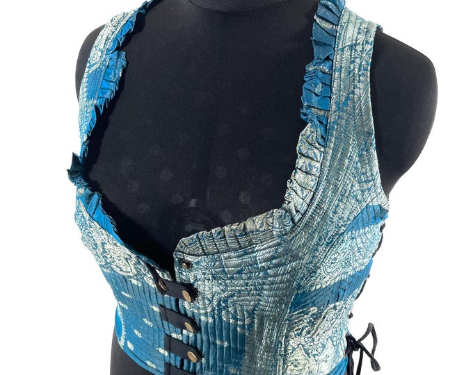 3XL. Mia Waistcoat; Boho Top - Blue & Silver - Vintage Silk Brocade  (SKU:2146-9718)