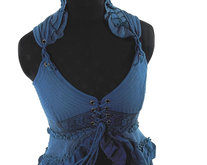 Bardot Boho Corset Dress in Petrol Blue.