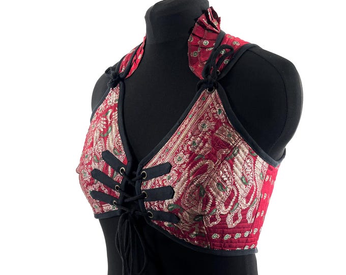 L. Fae Corset Top - Red & Silver Bra Top - Vintage Silk Brocade  (SKU:3033-9767)