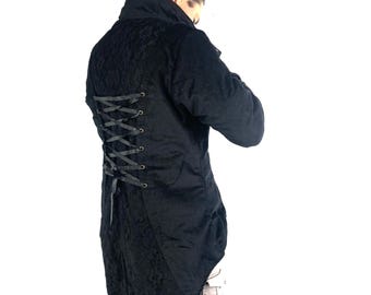 Black Steampunk Corduroy Jacket Tailcoat, handmade, fleece lined, SKU:548