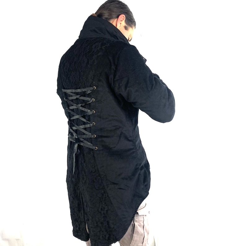Black Steampunk Corduroy Jacket Tailcoat, handmade, fleece lined, SKU:548 image 1