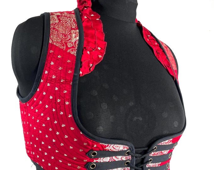 Underbust Corset Top; Ivy 3XL red & silver steampunk vest handmade in Vintage Silk Brocade (SKU:2176-10151)